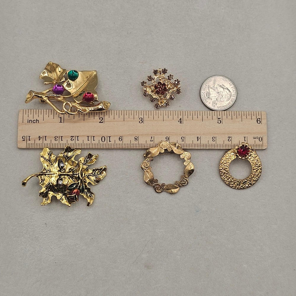 Rhinestone Brooch Lot Gold Tone Leaf Wreath Botanical 5pc Nature - Picture 3 of 10